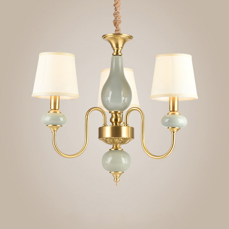 Brass Swooping Arm Chandelier Lighting Fixture Classic Metal 3 Lights Dining Room Hanging Lamp with Cone Fabric Shade Clearhalo 'Ceiling Lights' 'Chandeliers' Lighting' options 784219