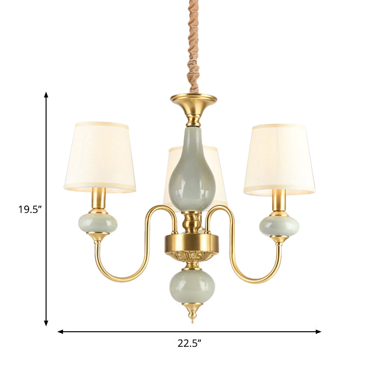 Brass Swooping Arm Chandelier Lighting Fixture Classic Metal 3 Lights Dining Room Hanging Lamp with Cone Fabric Shade Clearhalo 'Ceiling Lights' 'Chandeliers' Lighting' options 784220