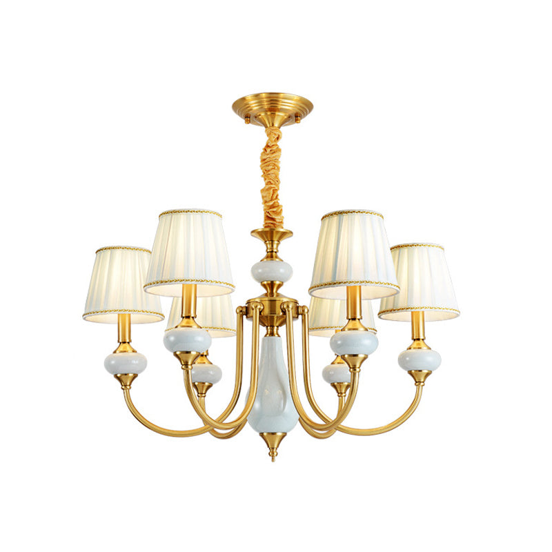 Cone Dining Room Chandelier Lamp Country Fabric 3/6-Light Brass Finish Pendant Lighting Fixture Clearhalo 'Ceiling Lights' 'Chandeliers' Lighting' options 784223