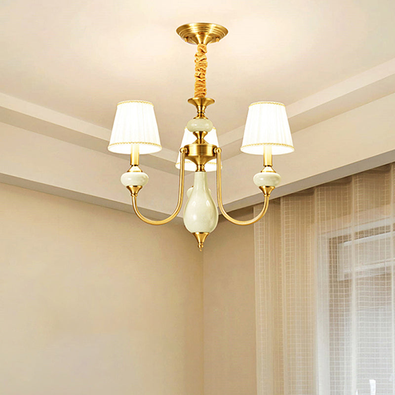 Cone Dining Room Chandelier Lamp Country Fabric 3/6-Light Brass Finish Pendant Lighting Fixture Clearhalo 'Ceiling Lights' 'Chandeliers' Lighting' options 784226