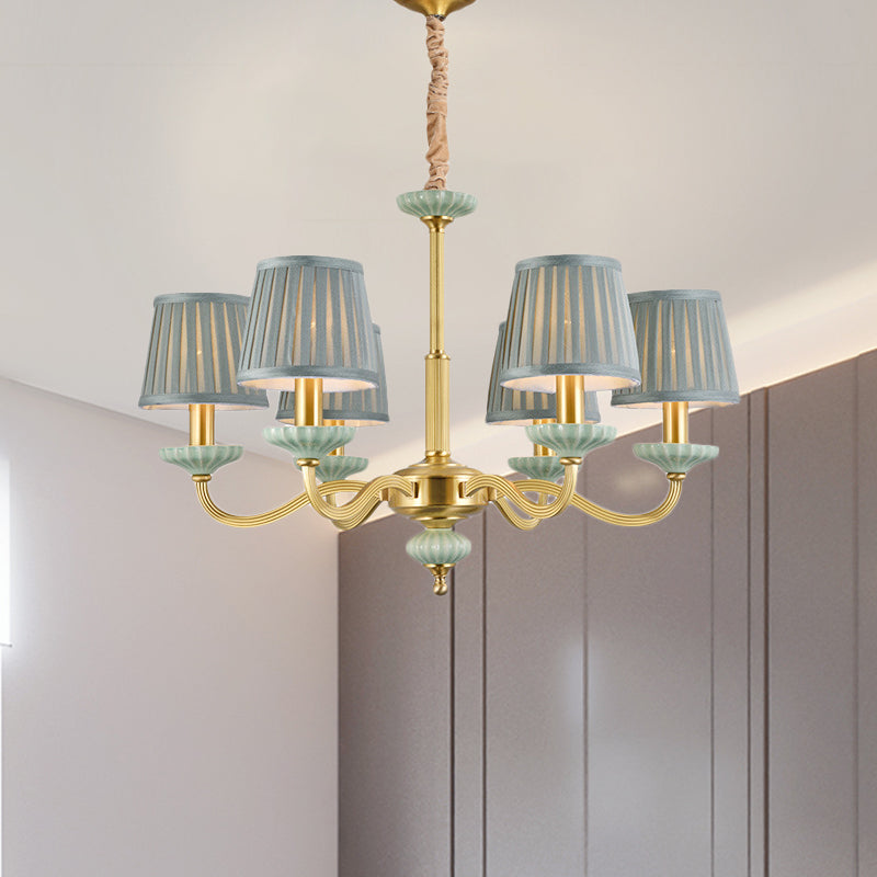 3/6-Head Fabric Chandelier Lighting Traditional Brass Pleated Shade Bedroom Drop Pendant with Curvy Arm Clearhalo 'Ceiling Lights' 'Chandeliers' Lighting' options 784231