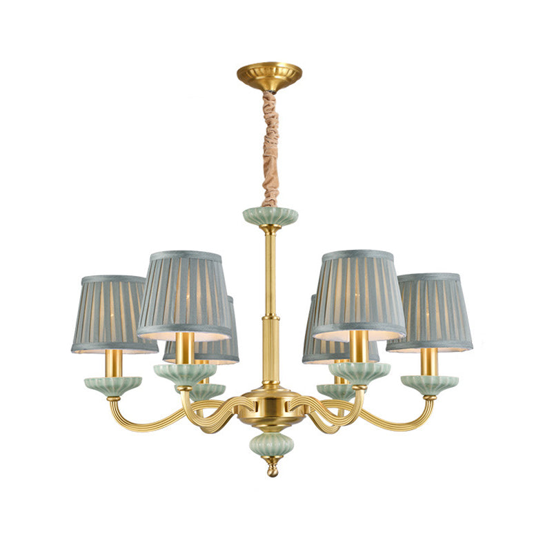 3/6-Head Fabric Chandelier Lighting Traditional Brass Pleated Shade Bedroom Drop Pendant with Curvy Arm Clearhalo 'Ceiling Lights' 'Chandeliers' Lighting' options 784232