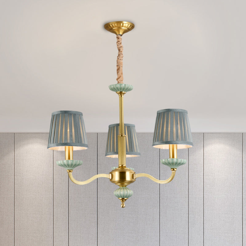 3/6-Head Fabric Chandelier Lighting Traditional Brass Pleated Shade Bedroom Drop Pendant with Curvy Arm Clearhalo 'Ceiling Lights' 'Chandeliers' Lighting' options 784234