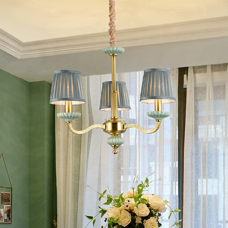 3/6-Head Fabric Chandelier Lighting Traditional Brass Pleated Shade Bedroom Drop Pendant with Curvy Arm Clearhalo 'Ceiling Lights' 'Chandeliers' Lighting' options 784235