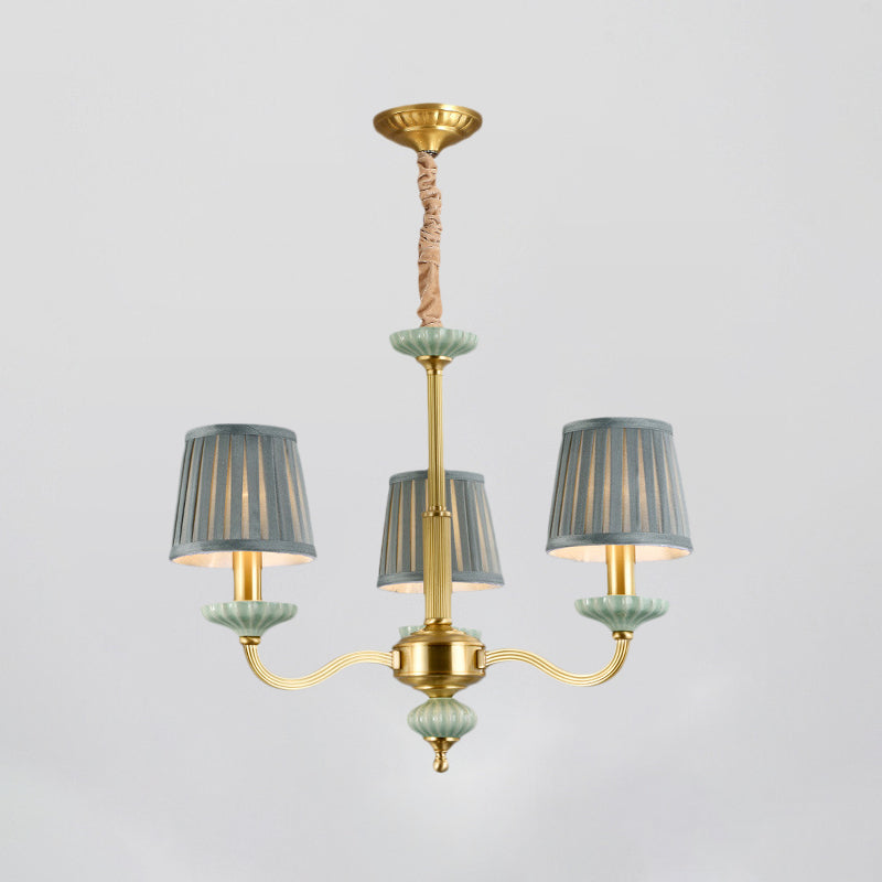 3/6-Head Fabric Chandelier Lighting Traditional Brass Pleated Shade Bedroom Drop Pendant with Curvy Arm Clearhalo 'Ceiling Lights' 'Chandeliers' Lighting' options 784237