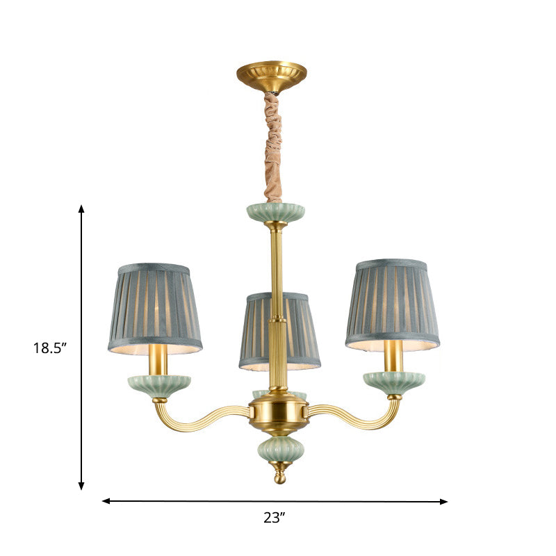 3/6-Head Fabric Chandelier Lighting Traditional Brass Pleated Shade Bedroom Drop Pendant with Curvy Arm Clearhalo 'Ceiling Lights' 'Chandeliers' Lighting' options 784238