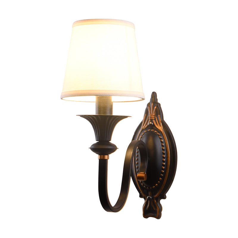 1 Light Cone Shade Wall Lighting Fixture Countryside Black Fabric Sconce Light with Curvy Arm Black Clearhalo 'Wall Lamps & Sconces' 'Wall Lights' Lighting' 784269