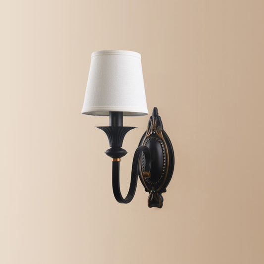 1 Light Cone Shade Wall Lighting Fixture Countryside Black Fabric Sconce Light with Curvy Arm Clearhalo 'Wall Lamps & Sconces' 'Wall Lights' Lighting' 784271