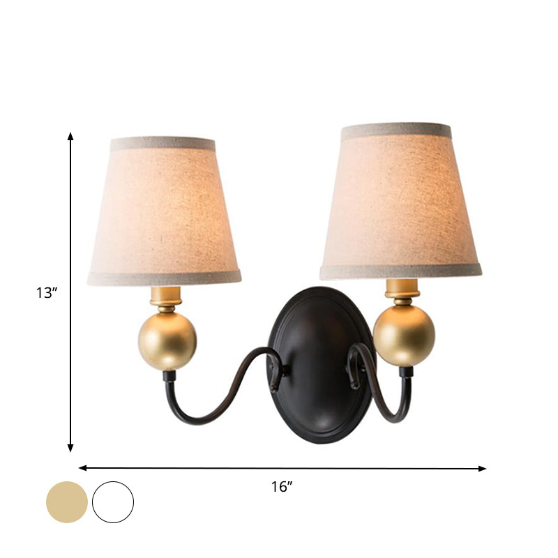 Tapered Fabric Wall Sconce Light Rural 1/2-Bulb Bedroom Wall Mount Lighting in White/Beige with Swooping Arm Clearhalo 'Wall Lamps & Sconces' 'Wall Lights' Lighting' 784276