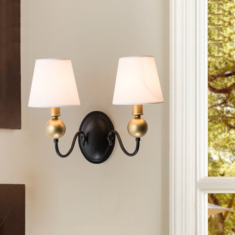 Tapered Fabric Wall Sconce Light Rural 1/2-Bulb Bedroom Wall Mount Lighting in White/Beige with Swooping Arm 2.0 White Clearhalo 'Wall Lamps & Sconces' 'Wall Lights' Lighting' 784277