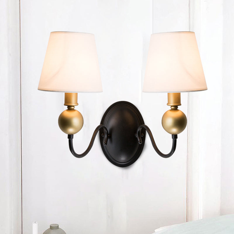 Tapered Fabric Wall Sconce Light Rural 1/2-Bulb Bedroom Wall Mount Lighting in White/Beige with Swooping Arm Clearhalo 'Wall Lamps & Sconces' 'Wall Lights' Lighting' 784278