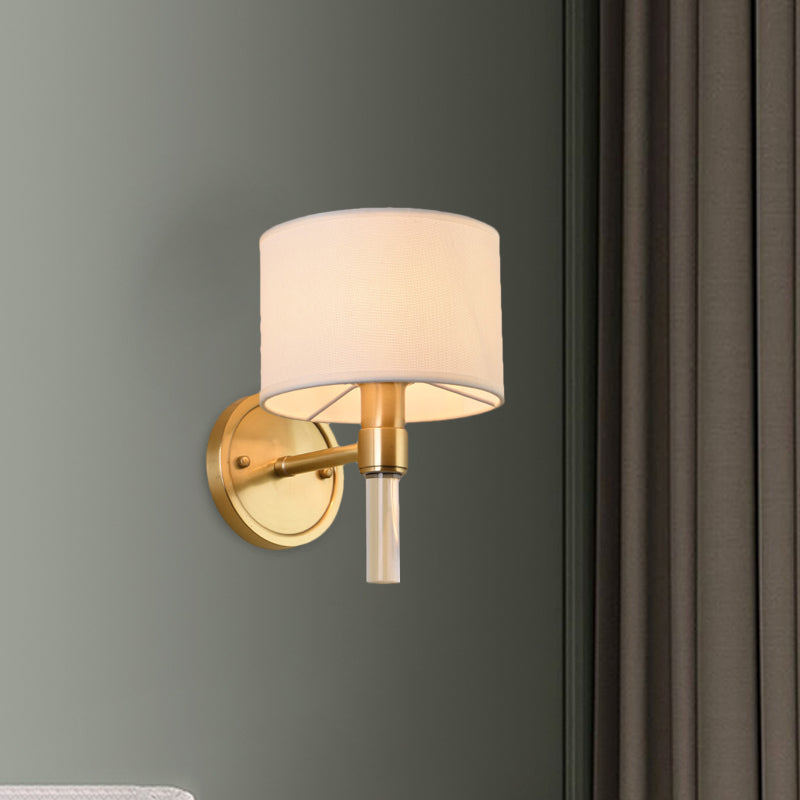 1 Head Wall Mounted Lamp Rustic Drum Shade Fabric Sconce Lighting in Brass for Living Room Brass Clearhalo 'Wall Lamps & Sconces' 'Wall Lights' Lighting' 784290