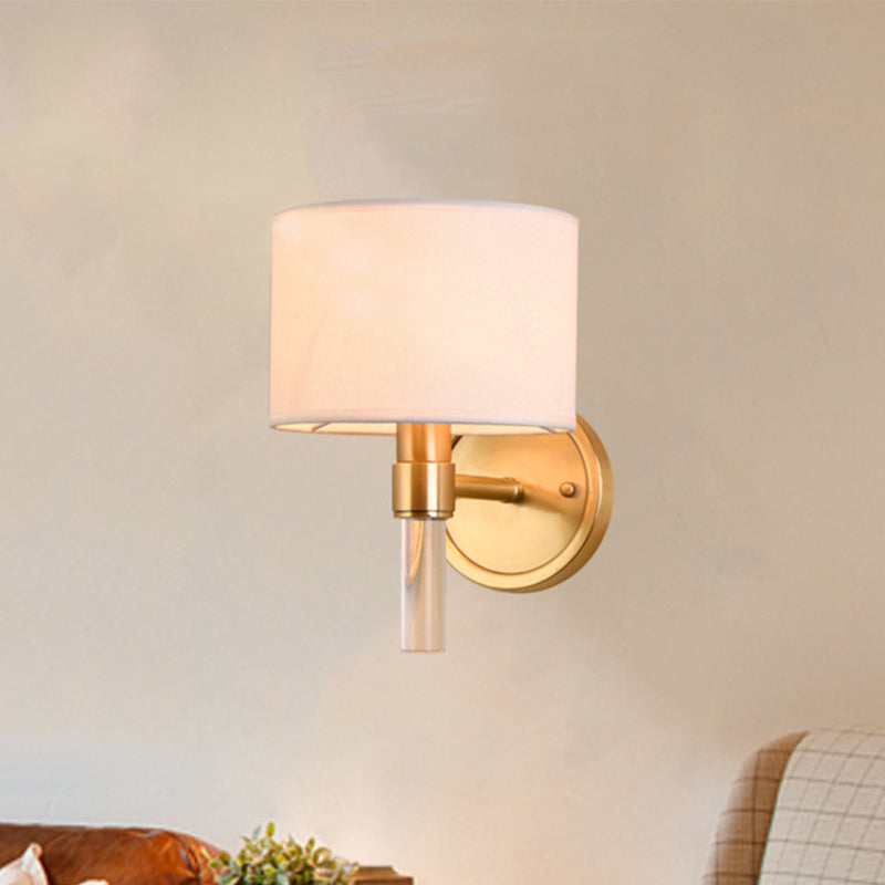 1 Head Wall Mounted Lamp Rustic Drum Shade Fabric Sconce Lighting in Brass for Living Room Clearhalo 'Wall Lamps & Sconces' 'Wall Lights' Lighting' 784291