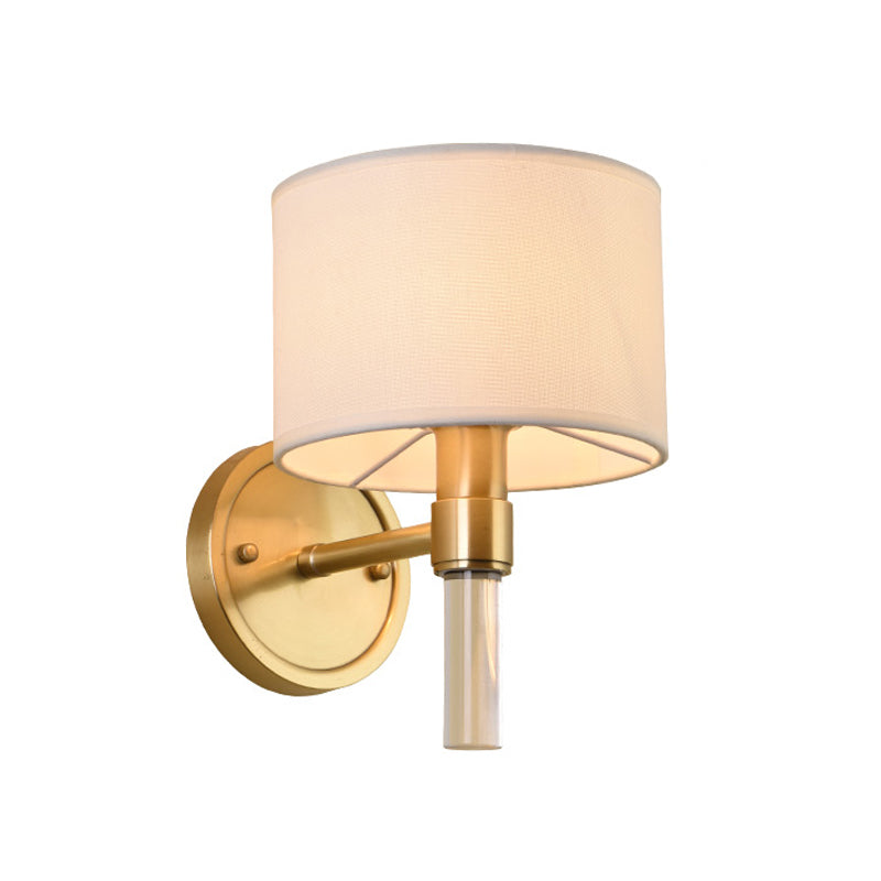 1 Head Wall Mounted Lamp Rustic Drum Shade Fabric Sconce Lighting in Brass for Living Room Clearhalo 'Wall Lamps & Sconces' 'Wall Lights' Lighting' 784292