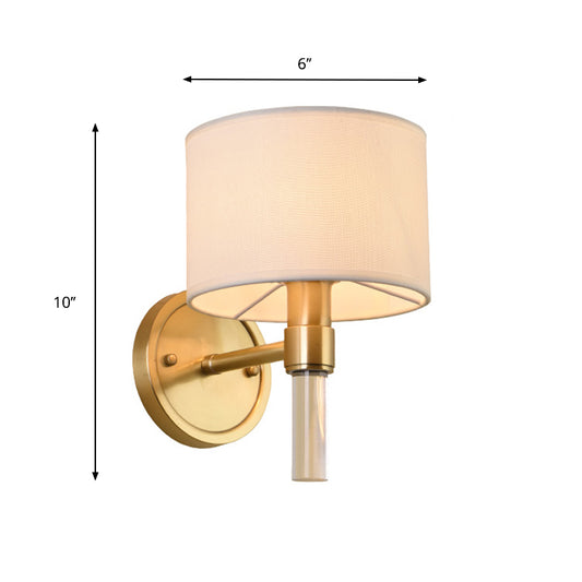 1 Head Wall Mounted Lamp Rustic Drum Shade Fabric Sconce Lighting in Brass for Living Room Clearhalo 'Wall Lamps & Sconces' 'Wall Lights' Lighting' 784293