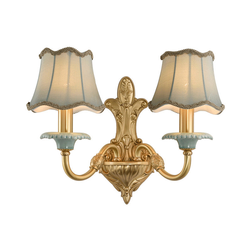 Brass Scalloped Wall Lighting Rustic Style Fabric 1/2 Lights Dining Room Wall Mount Light Fixture 2.0 Brass Clearhalo 'Wall Lamps & Sconces' 'Wall Lights' Lighting' 784294