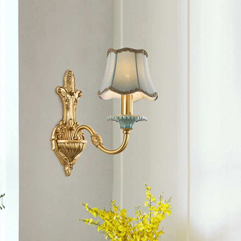 Brass Scalloped Wall Lighting Rustic Style Fabric 1/2 Lights Dining Room Wall Mount Light Fixture 1.0 Brass Clearhalo 'Wall Lamps & Sconces' 'Wall Lights' Lighting' 784298