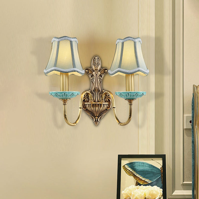 Scalloped Corridor Wall Sconce Rural Style Fabric 1/2-Light Brass Wall Lighting Ideas with Curved Arm 2.0 Brass Clearhalo 'Wall Lamps & Sconces' 'Wall Lights' Lighting' 784303