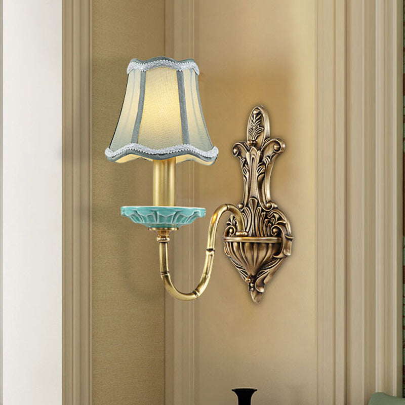 Scalloped Corridor Wall Sconce Rural Style Fabric 1/2-Light Brass Wall Lighting Ideas with Curved Arm Clearhalo 'Wall Lamps & Sconces' 'Wall Lights' Lighting' 784309