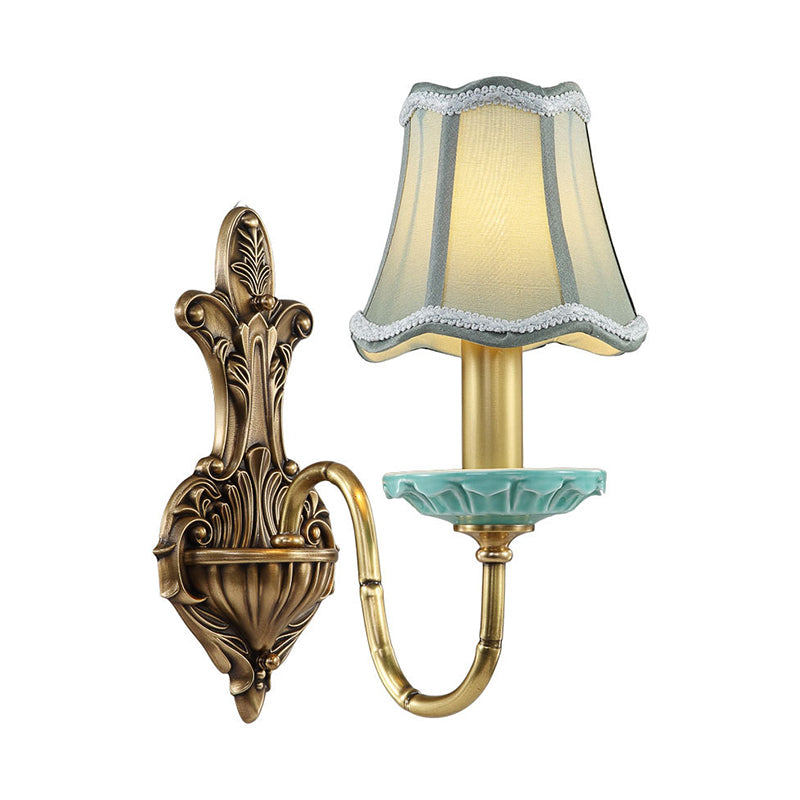 Scalloped Corridor Wall Sconce Rural Style Fabric 1/2-Light Brass Wall Lighting Ideas with Curved Arm Clearhalo 'Wall Lamps & Sconces' 'Wall Lights' Lighting' 784310