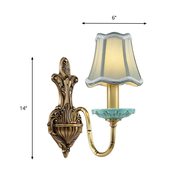 Scalloped Corridor Wall Sconce Rural Style Fabric 1/2-Light Brass Wall Lighting Ideas with Curved Arm Clearhalo 'Wall Lamps & Sconces' 'Wall Lights' Lighting' 784311