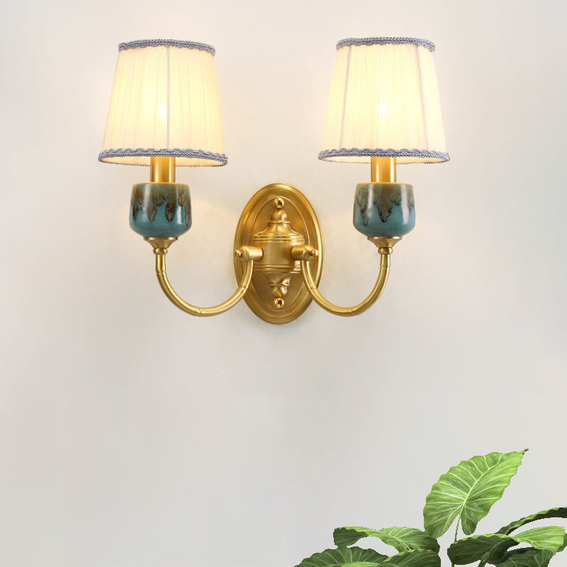 Brass 1/2-Light Wall Hanging Light Classic Metal Swooping Arm Wall Lamp with Cone Fabric Shade 2.0 Brass Clearhalo 'Wall Lamps & Sconces' 'Wall Lights' Lighting' 784321