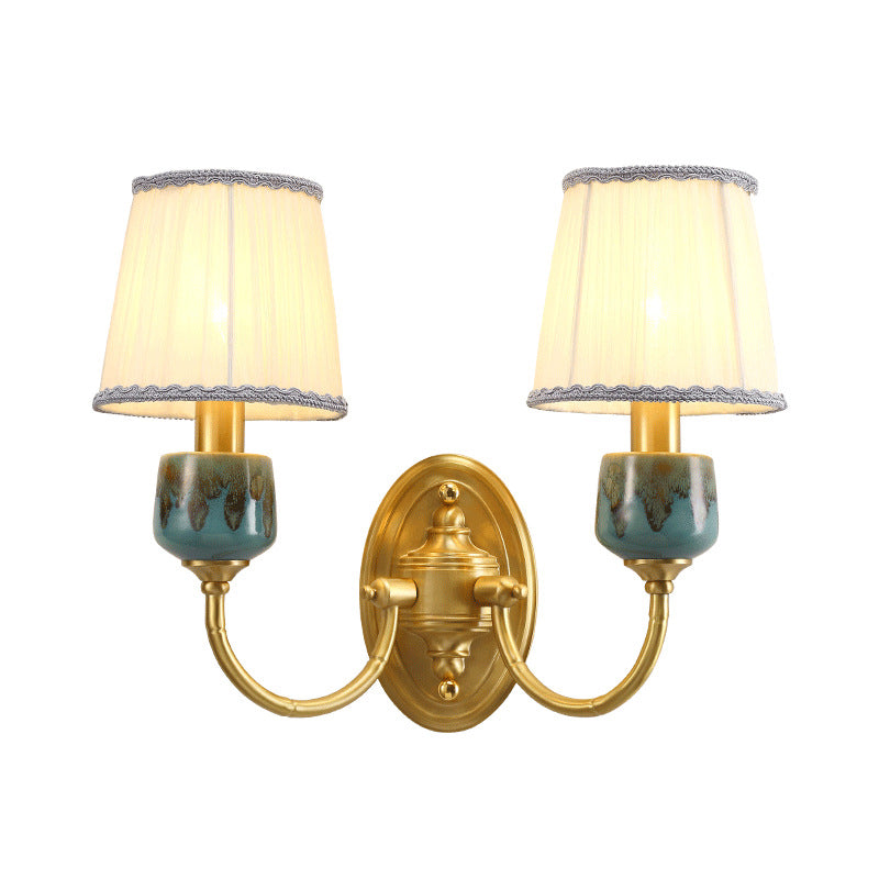 Brass 1/2-Light Wall Hanging Light Classic Metal Swooping Arm Wall Lamp with Cone Fabric Shade Clearhalo 'Wall Lamps & Sconces' 'Wall Lights' Lighting' 784323