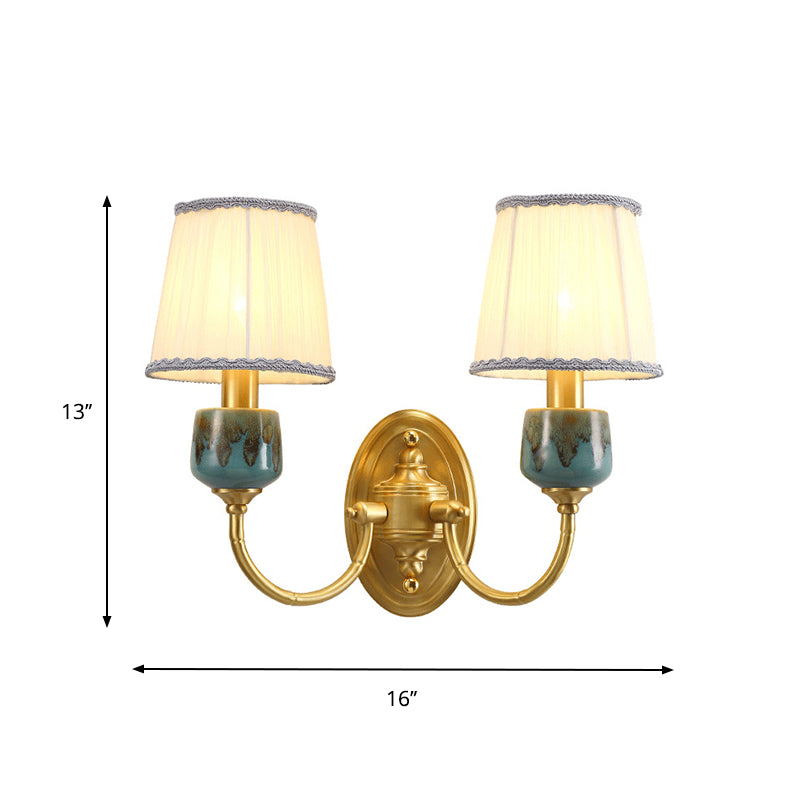 Brass 1/2-Light Wall Hanging Light Classic Metal Swooping Arm Wall Lamp with Cone Fabric Shade Clearhalo 'Wall Lamps & Sconces' 'Wall Lights' Lighting' 784324