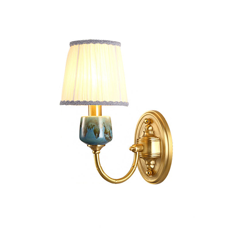 Brass 1/2-Light Wall Hanging Light Classic Metal Swooping Arm Wall Lamp with Cone Fabric Shade Clearhalo 'Wall Lamps & Sconces' 'Wall Lights' Lighting' 784327