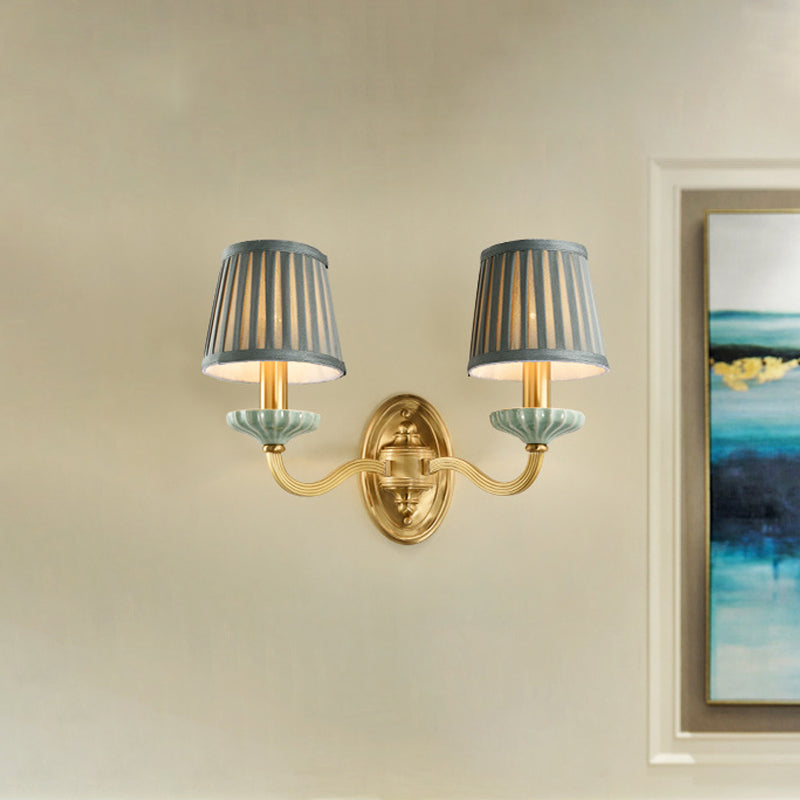 Fabric Brass Wall Light Fixture Pleated Lampshade 1/2-Light Country Wall Sconce for Dining Room 2.0 Brass Clearhalo 'Wall Lamps & Sconces' 'Wall Lights' Lighting' 784330