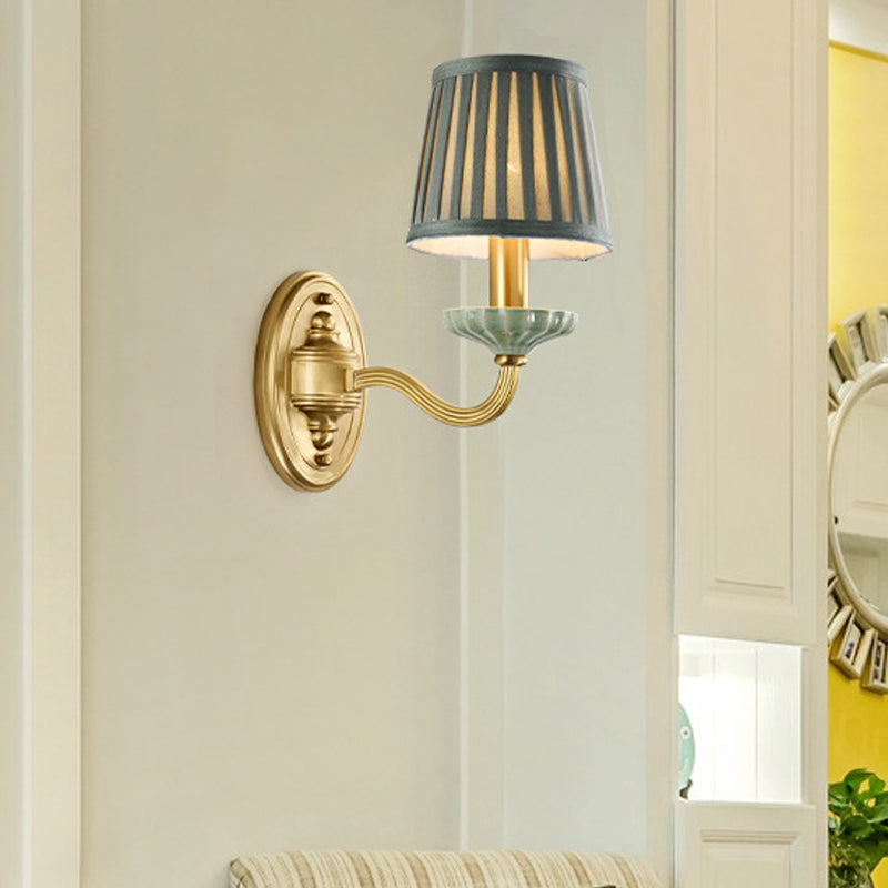 Fabric Brass Wall Light Fixture Pleated Lampshade 1/2-Light Country Wall Sconce for Dining Room 1.0 Brass Clearhalo 'Wall Lamps & Sconces' 'Wall Lights' Lighting' 784334