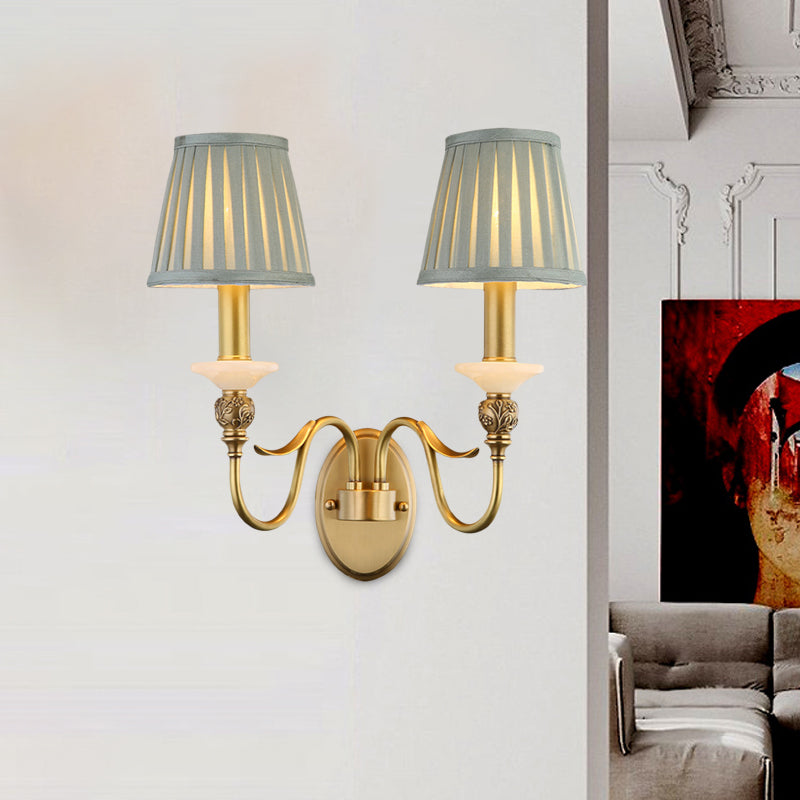 2 Heads Tapered Wall Lighting Ideas Retro Brass Finish Fabric Wall Light Sconce for Living Room Brass Clearhalo 'Wall Lamps & Sconces' 'Wall Lights' Lighting' 784348