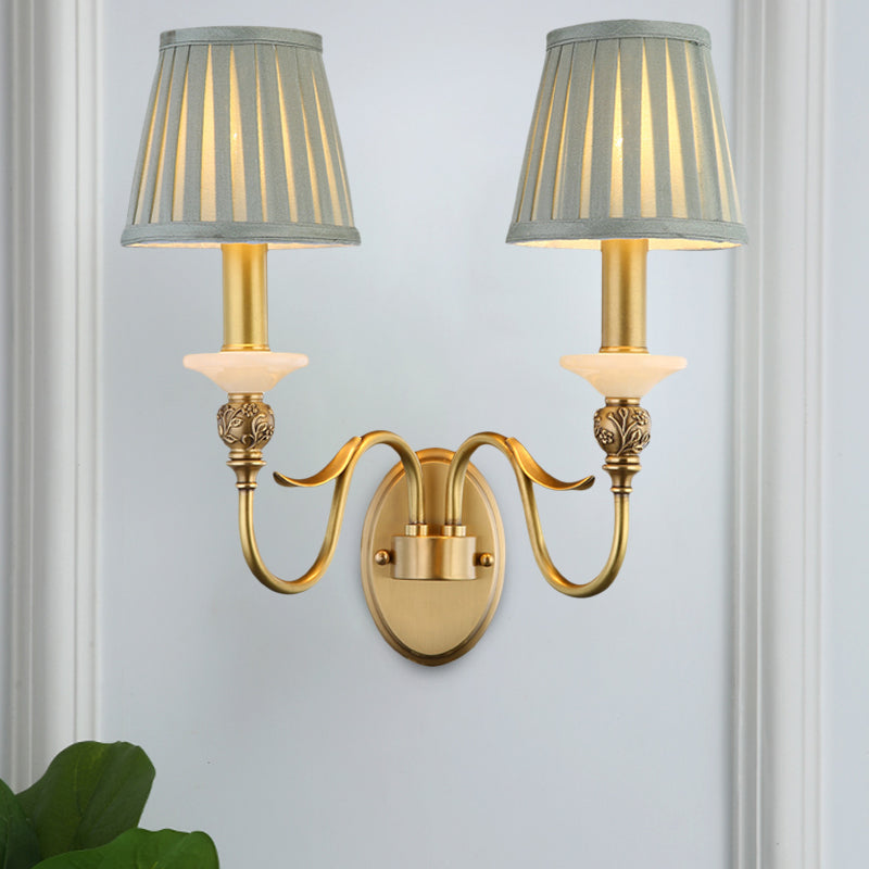 2 Heads Tapered Wall Lighting Ideas Retro Brass Finish Fabric Wall Light Sconce for Living Room Clearhalo 'Wall Lamps & Sconces' 'Wall Lights' Lighting' 784349