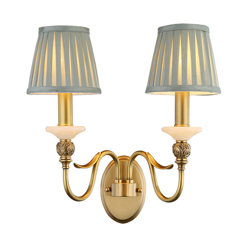 2 Heads Tapered Wall Lighting Ideas Retro Brass Finish Fabric Wall Light Sconce for Living Room Clearhalo 'Wall Lamps & Sconces' 'Wall Lights' Lighting' 784350