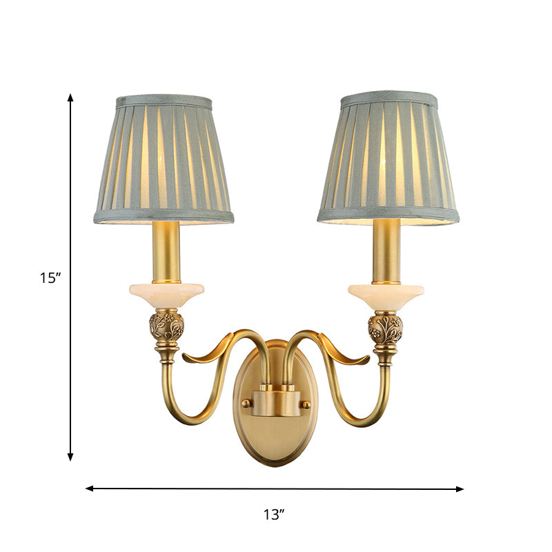 2 Heads Tapered Wall Lighting Ideas Retro Brass Finish Fabric Wall Light Sconce for Living Room Clearhalo 'Wall Lamps & Sconces' 'Wall Lights' Lighting' 784351