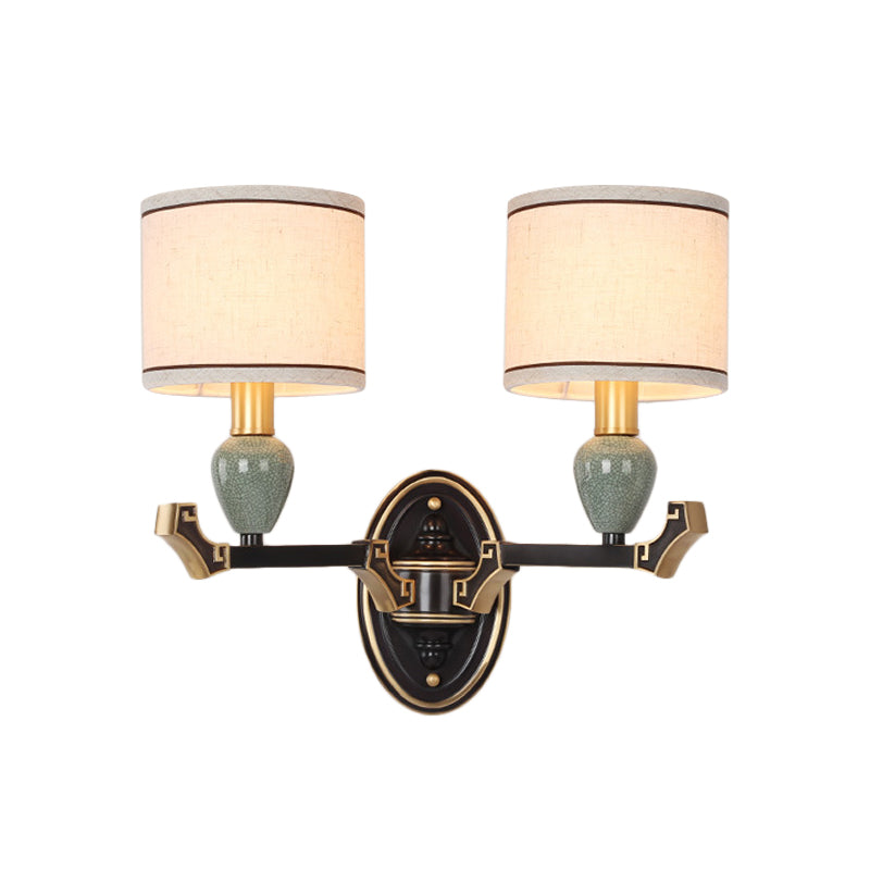 1/2-Bulb Wall Mounted Light Traditional Drum Fabric Wall Sconce Lighting in Black for Bedroom Clearhalo 'Wall Lamps & Sconces' 'Wall Lights' Lighting' 784363