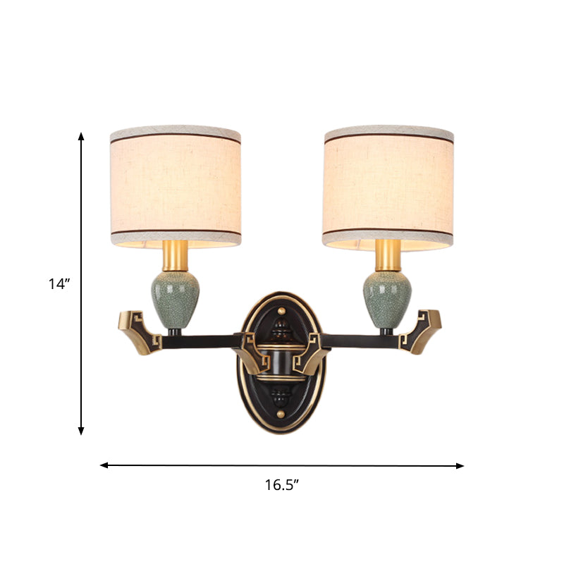 1/2-Bulb Wall Mounted Light Traditional Drum Fabric Wall Sconce Lighting in Black for Bedroom Clearhalo 'Wall Lamps & Sconces' 'Wall Lights' Lighting' 784364