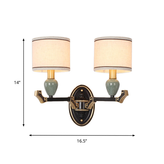 1/2-Bulb Wall Mounted Light Traditional Drum Fabric Wall Sconce Lighting in Black for Bedroom Clearhalo 'Wall Lamps & Sconces' 'Wall Lights' Lighting' 784364