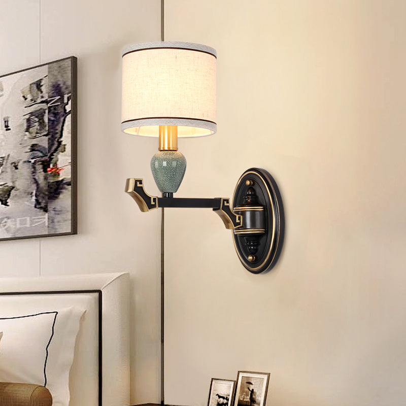 1/2-Bulb Wall Mounted Light Traditional Drum Fabric Wall Sconce Lighting in Black for Bedroom Clearhalo 'Wall Lamps & Sconces' 'Wall Lights' Lighting' 784366