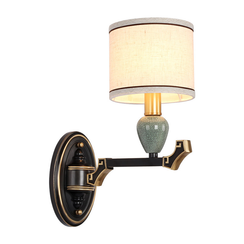 1/2-Bulb Wall Mounted Light Traditional Drum Fabric Wall Sconce Lighting in Black for Bedroom Clearhalo 'Wall Lamps & Sconces' 'Wall Lights' Lighting' 784367