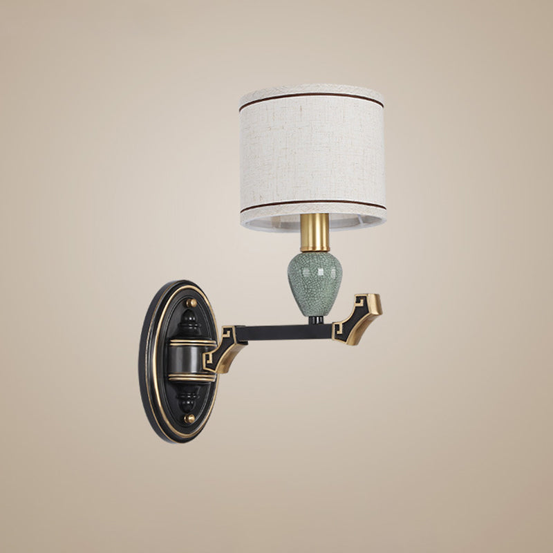 1/2-Bulb Wall Mounted Light Traditional Drum Fabric Wall Sconce Lighting in Black for Bedroom Clearhalo 'Wall Lamps & Sconces' 'Wall Lights' Lighting' 784368