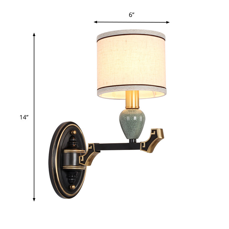 1/2-Bulb Wall Mounted Light Traditional Drum Fabric Wall Sconce Lighting in Black for Bedroom Clearhalo 'Wall Lamps & Sconces' 'Wall Lights' Lighting' 784369