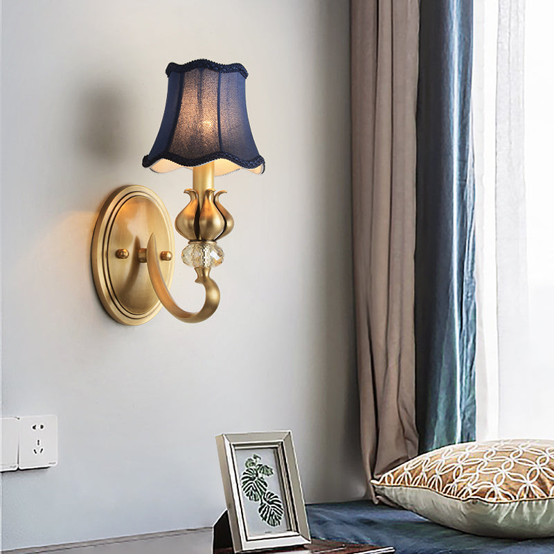 Scalloped Bedroom Wall Lighting Rural Fabric 1 Light Brass Sconce Light with Crystal Accent Brass Clearhalo 'Wall Lamps & Sconces' 'Wall Lights' Lighting' 784379