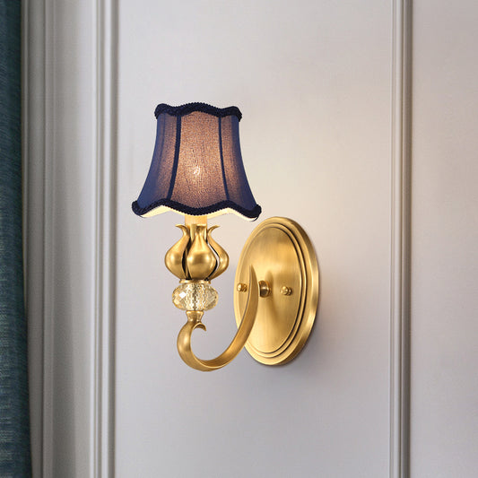 Scalloped Bedroom Wall Lighting Rural Fabric 1 Light Brass Sconce Light with Crystal Accent Clearhalo 'Wall Lamps & Sconces' 'Wall Lights' Lighting' 784380