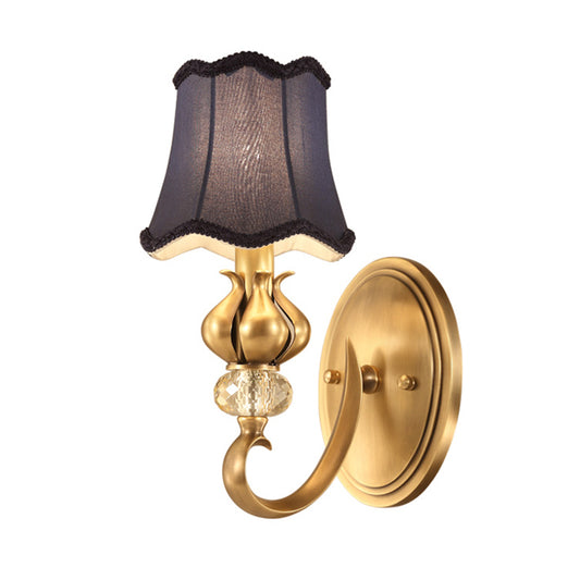 Scalloped Bedroom Wall Lighting Rural Fabric 1 Light Brass Sconce Light with Crystal Accent Clearhalo 'Wall Lamps & Sconces' 'Wall Lights' Lighting' 784381