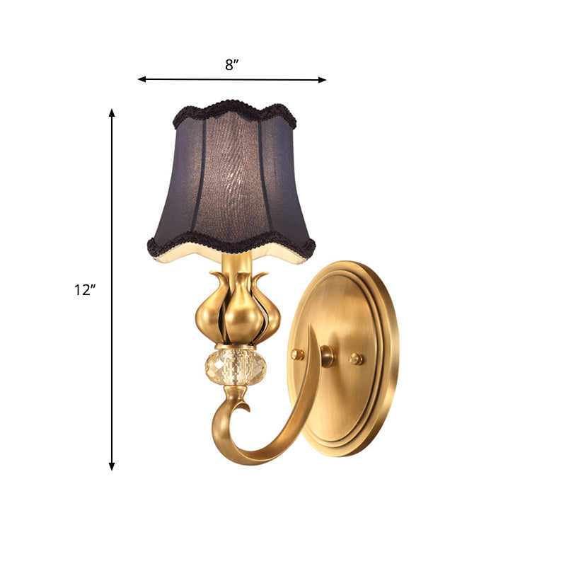 Scalloped Bedroom Wall Lighting Rural Fabric 1 Light Brass Sconce Light with Crystal Accent Clearhalo 'Wall Lamps & Sconces' 'Wall Lights' Lighting' 784382