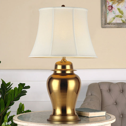 Fabric Paneled Base Night Light Country 1 Light Living Room Nightstand Lamp in White with Urn Pedestal Clearhalo 'Lamps' 'Table Lamps' Lighting' 784392