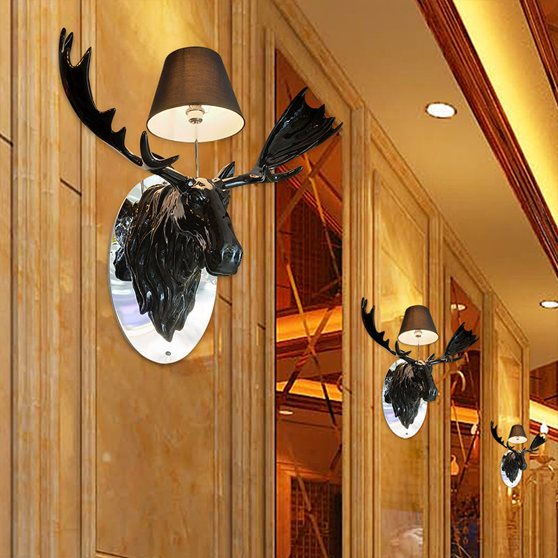 Cone Corridor Wall Light Rustic Fabric 1 Light Black Wall Sconce Lighting with Resin Deer Design Black Clearhalo 'Wall Lamps & Sconces' 'Wall Lights' Lighting' 784411