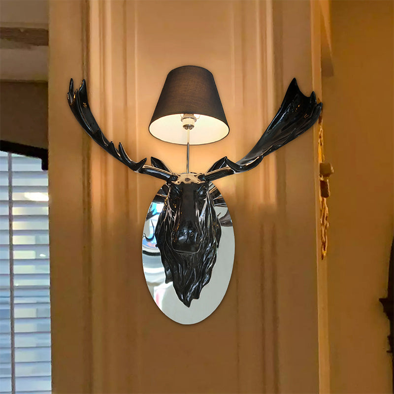 Cone Corridor Wall Light Rustic Fabric 1 Light Black Wall Sconce Lighting with Resin Deer Design Clearhalo 'Wall Lamps & Sconces' 'Wall Lights' Lighting' 784412