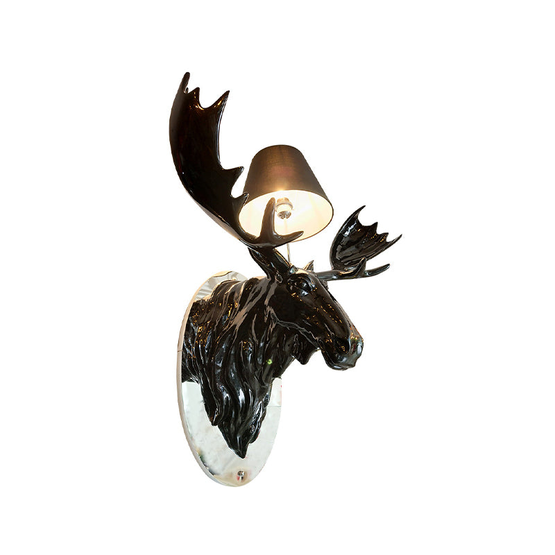 Cone Corridor Wall Light Rustic Fabric 1 Light Black Wall Sconce Lighting with Resin Deer Design Clearhalo 'Wall Lamps & Sconces' 'Wall Lights' Lighting' 784413